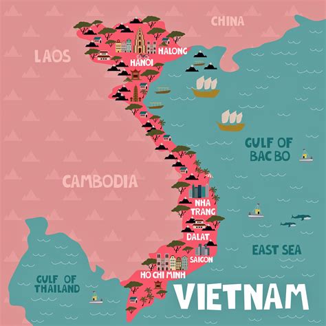 An Illustrated Map Of Vietnam With All The Major Cities And Towns In E D