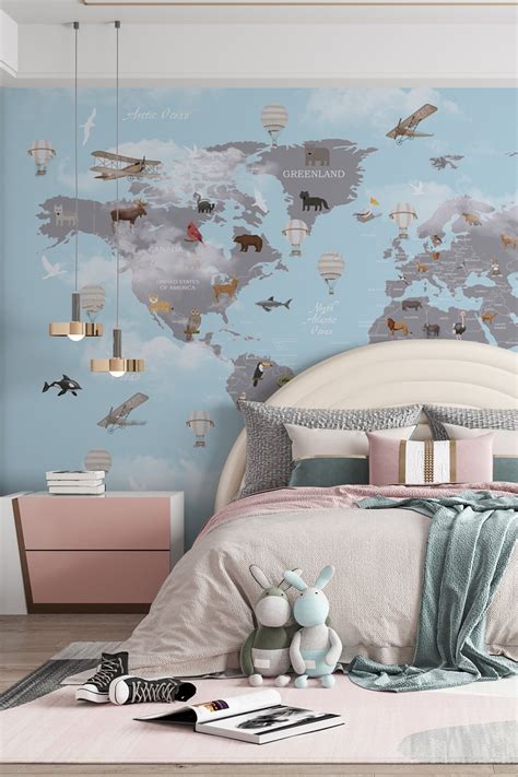 Kids World Map Wallpaper World Map Wall Mural Nursery Decor Peel And