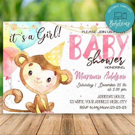 Come and visit our site, already thousands of classified ads await you. Editable Monkey Baby Shower Invitation For Girl Instant ...