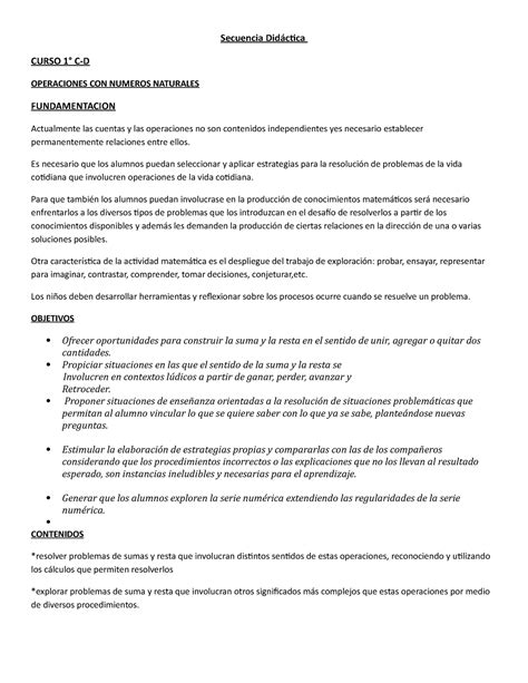 Secuencia Didactica Matematica 2020 Secuencia Didáctica CURSO 1 C D