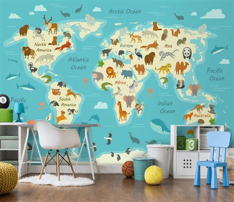 World Map Kids Wallpaper Mural Peel And Stick Removable Etsy