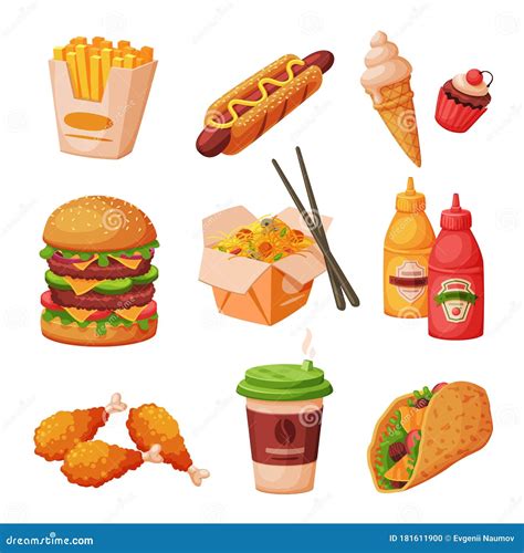 Fast Food Dishes With Drinks And Desserts Collection Unhealthy Meal