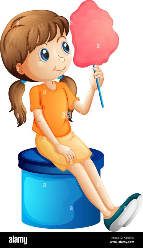 Illustration Of A Young Woman Eating A Cotton Candy On A White