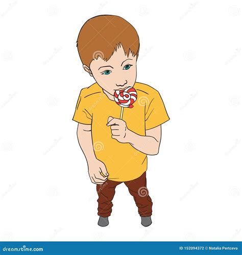 Little Boy Holding Lollipop Candy Kid Eating Sweet Stock Vector