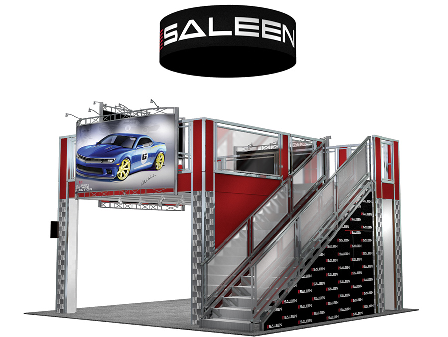 The Multi Level AE2020 trade show booth is the largest 20 x 20. Maximize the use of your booth space and offers an expansive upper level and lower level secure storage. View 4