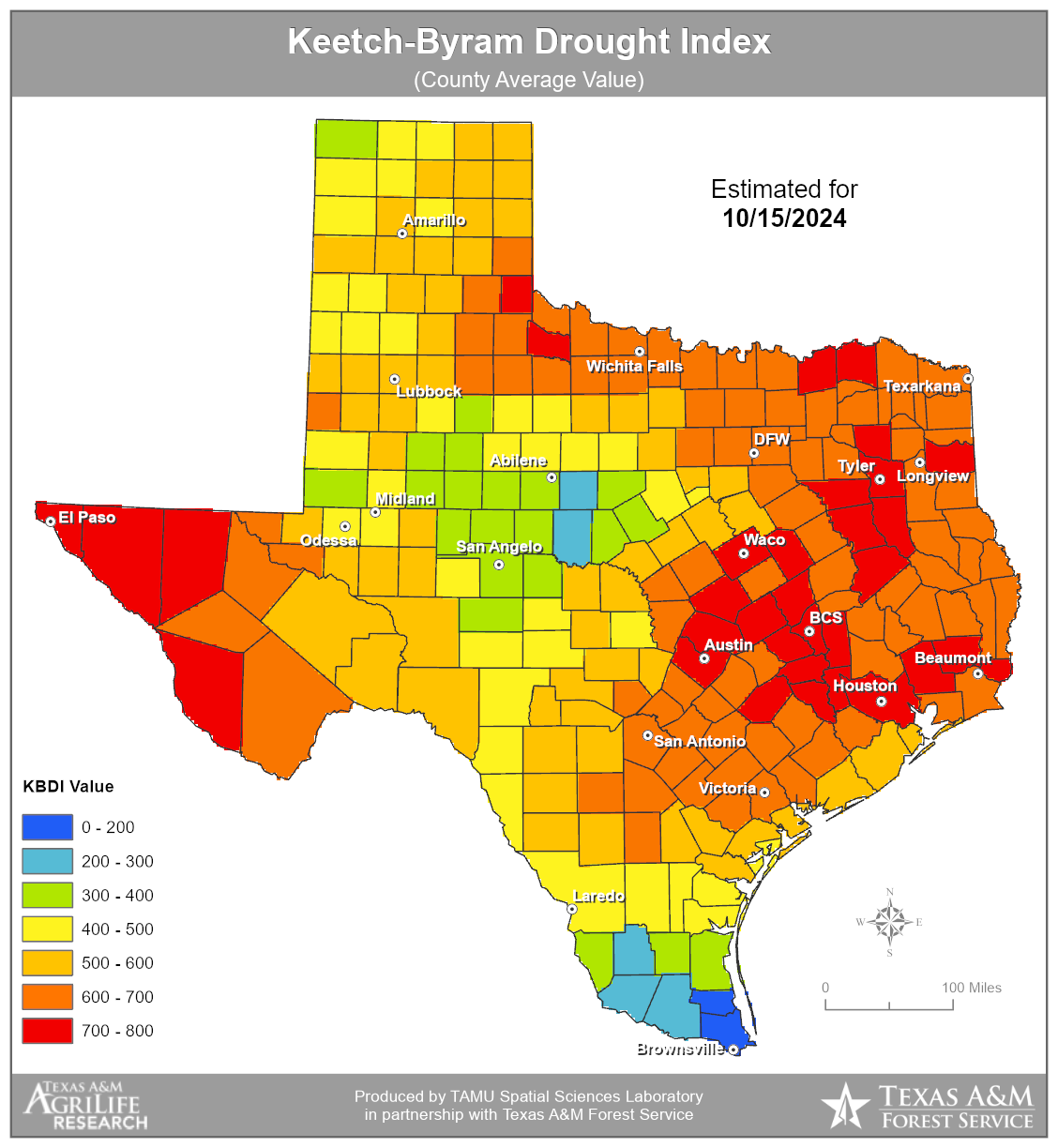 Keetch-Byram Drought Index for Texas