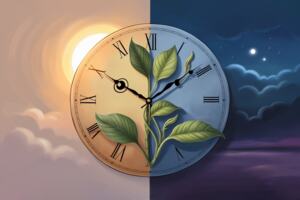 Fantasy illustration, a clock that is on the side of a wall, small clocks as leaves, twist of time, in the flow of time, a leaf on the middle with day on left side, night on right side. 