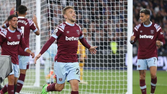 Jarrod Bowen celebrates his goal in West Ham's 2-0 win over Wolves