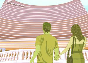 A sketch of patrons entering the Encore casino in Boston, MA.