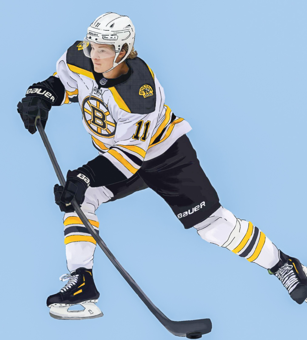 Illustration of Bruins’ right winger Trent Frederic. Illustration by Bianca Oppedisano / Mass Media Staff.