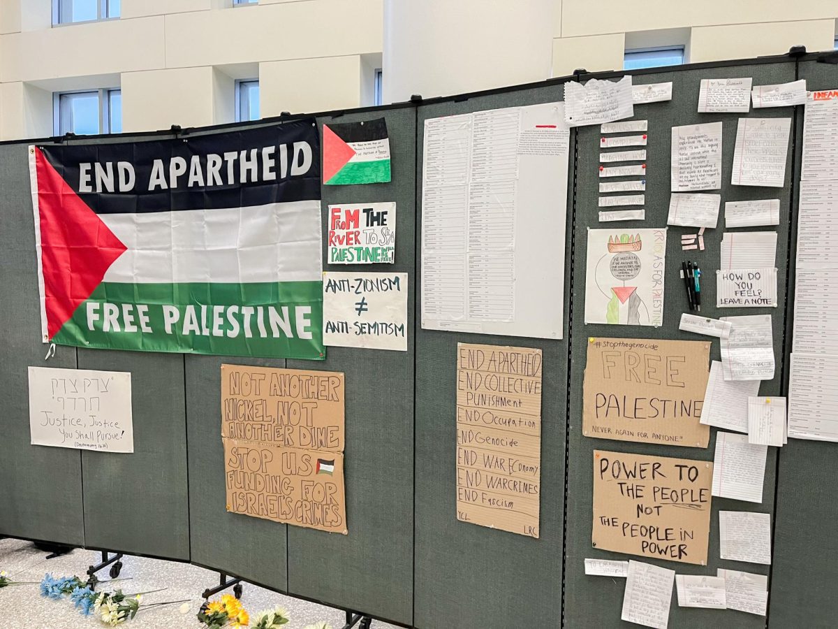 Posters and infographics from UMass Boston’s Students for Justice in Palestine’s Memorial for Martys of Gaza event.