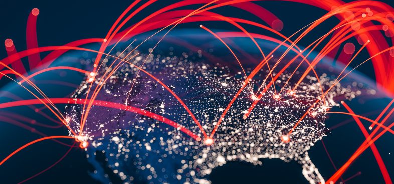 Abstract illustration of a digital network connecting various points on a map of the United States, symbolizing data or communication links.