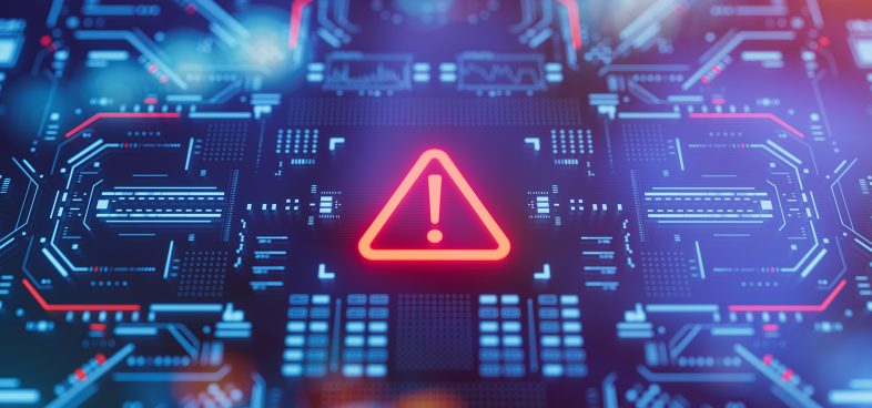 Pictorial representation of a vulnerability discovered in Harbor. Close-up view of a circuit board with an illuminated exclamation mark symbol at the center, surrounded by intricate blue circuitry and digital data elements, indicating a warning or error in the system.