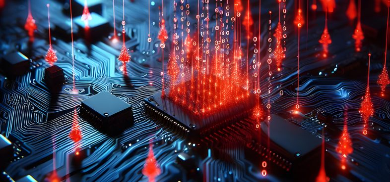 Pictorial representation of malware such as WikiLoader. Red and blue digital data flowing from microchips on a circuit board, representing high-tech computing.