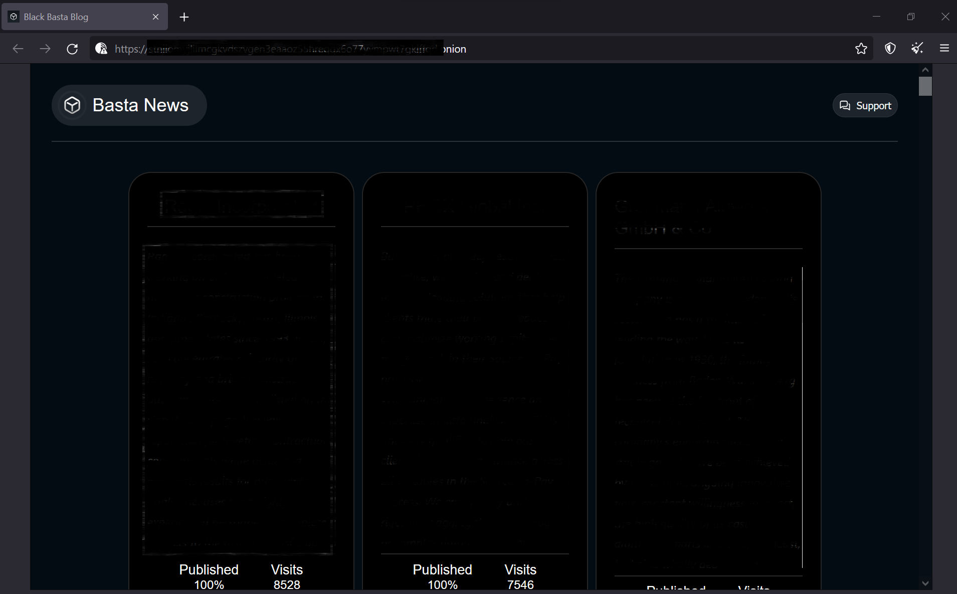 Figure 6 shows the Black Basta News site where the threat actors post allegedly breached organizations (details redacted) and number of visits.