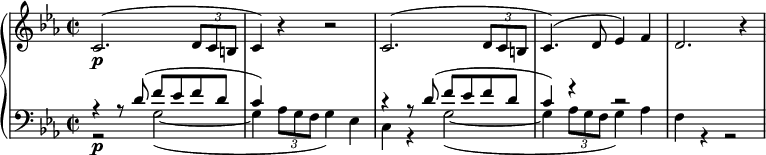 
{ \new PianoStaff <<
  \new Staff { \set Staff.midiInstrument = #"piano"
  \new Voice { \set Score.tempoHideNote = ##t \tempo 2 = 40 \relative c' {
  \clef "treble" \key es \major \stemUp \time 2/2 | % 1
  c2. \p ^( \once \override TupletBracket #'stencil = ##f
  \times 2/3  {
    d8 c8 b8
  }
  | % 2
  c4 ) r4 r2 | % 3
  c2. ^( \once \override TupletBracket #'stencil = ##f
  \times 2/3  {
    d8 c8 b8
  }
  | % 4
  c4. ) ^( d8 es4 ) f4 | % 5
  d2. r4 } } }
  
  \new Staff { <<
    \new Voice { \set Staff.midiInstrument = #"piano" \relative d' {
  \voiceOne \clef "bass" \key es \major \stemUp \time 2/2
  r4 r8 d8 ^( f8 es8 f8 d8 | % 2
  c4 ) s4 s2 | % 3
  r4 r8 d8 ^( f8 es8 f8 d8 | % 4
  c4 ) r4 r2 s1 } }
  
  \new Voice { \relative g {
  \voiceTwo \clef "bass" \key es \major \stemDown \time 2/2
  r2 \p g2 _( _~ | % 2
  g4 \once \override TupletBracket #'stencil = ##f
  \times 2/3  {
    as8 g8 f8
  }
  g4 ) es4 | % 3
  c4 r4 g'2 _( _~ | % 4
  g4 \once \override TupletBracket #'stencil = ##f
  \times 2/3  {
    as8 g8 f8
  }
  g4 ) as4 | % 5
  f4 r4 r2 } }  
  >> }
>> }
