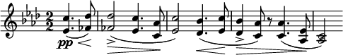  \relative c'' { \set Staff.midiInstrument = #"clarinet" \clef treble \key aes \major \numericTimeSignature \time 2/2 \partial 2*1 <c ees,>4.\pp\<(<des fes,>8\!) | <des fes,>2->(\> <c ees,>4. <aes c,>8\! | <c ees,>2) <bes des,>4.\<(<c ees,>8\! | <bes des,>4->\> <aes c,>8) r <aes c,>4.(<ees aes,>8\! | <c aes>2) } 