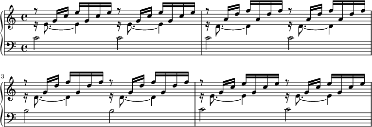 
{
      <<
      \new PianoStaff <<
        \new Staff <<
           \clef treble \key c \major \time 4/4
           \new Voice \relative c'' {
                \voiceOne r8 g16 c e g, c e r8 g,16 c e g, c e 
                r8 a,16 d f a, d f r8 a,16 d f a, d f
                r8 g,16 d' f g, d' f r8 g,16 d' f g, d' f
                r8 g,16 c e g, c e r8 g,16 c e g, c e 
                }
           \new Voice \relative c' {
                \voiceTwo r16 e8._~ e4 r16 e8._~ e4
                r16 d8._~ d4 r16 d8._~ d4
                r16 d8._~ d4 r16 d8._~ d4
                r16 e8._~ e4 r16 e8._~ e4
                }
  >>
        \new Staff <<
           \clef bass \key c \major \time 4/4
           \new Voice \relative c' {
                c2 c c c b b c c
                }
  >>>>
>>  }
