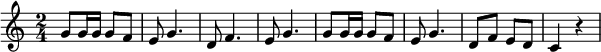 {\set Staff.midiInstrument = #"acoustic guitar (nylon)" \key c \major \time 2/4 g'8 g'16 g'16 g'8 f'8 e'8 g'4. d'8 f'4. e'8 g'4. g'8 g'16 g'16 g'8 f'8 e'8 g'4. d'8 f'8 e'8 d'8 c'4 r}