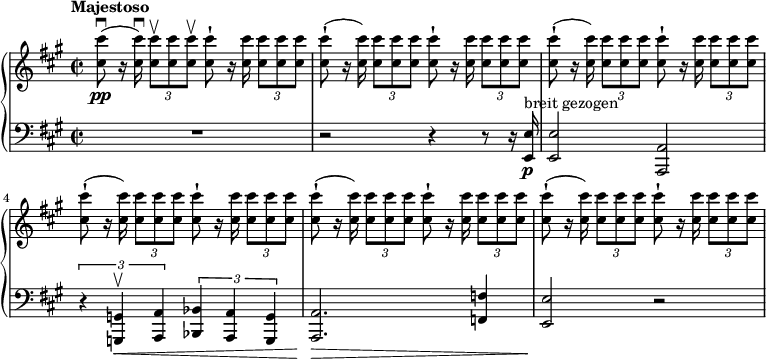 
{ \new PianoStaff <<
\new Staff \relative cis'' { \set Staff.midiInstrument = #"piano" \key a \major \clef treble \time 2/2 \set Score.tempoHideNote = ##t \tempo "Majestoso" 2 = 54
 <cis cis'>8 \pp ( \downbow r16 <cis
 cis'>16\noBeam ) \downbow \once \override TupletBracket #'stencil = ##f
 \times 2/3 {
 <cis cis'>8 \upbow <cis cis'>8 <cis cis'>8 \upbow
 }
 <cis cis'>8 -! r16 <cis cis'>16\noBeam \once \override TupletBracket
 #'stencil = ##f
 \times 2/3 {
 <cis cis'>8 <cis cis'>8 <cis cis'>8
 }
 | % 2
 <cis cis'>8 ( -! r16 <cis cis'>16\noBeam ) \once \override TupletBracket
 #'stencil = ##f
 \times 2/3 {
 <cis cis'>8 <cis cis'>8 <cis cis'>8
 }
 <cis cis'>8 -! r16 <cis cis'>16\noBeam \once \override TupletBracket
 #'stencil = ##f
 \times 2/3 {
 <cis cis'>8 <cis cis'>8 <cis cis'>8
 }
 | % 3
 <cis cis'>8 ( -! r16 <cis cis'>16\noBeam ) \once \override TupletBracket
 #'stencil = ##f
 \times 2/3 {
 <cis cis'>8 <cis cis'>8 <cis cis'>8
 }
 <cis cis'>8 -! r16 <cis cis'>16\noBeam \once \override TupletBracket
 #'stencil = ##f
 \times 2/3 {
 <cis cis'>8 <cis cis'>8 <cis cis'>8
 }
 | % 4
 <cis cis'>8 ( -! r16 <cis cis'>16\noBeam ) \once \override TupletBracket
 #'stencil = ##f
 \times 2/3 {
 <cis cis'>8 <cis cis'>8 <cis cis'>8
 }
 <cis cis'>8 -! r16 <cis cis'>16\noBeam \once \override TupletBracket
 #'stencil = ##f
 \times 2/3 {
 <cis cis'>8 <cis cis'>8 <cis cis'>8
 }
 | % 5
 <cis cis'>8 ( -! r16 <cis cis'>16\noBeam ) \once \override TupletBracket
 #'stencil = ##f
 \times 2/3 {
 <cis cis'>8 <cis cis'>8 <cis cis'>8
 }
 <cis cis'>8 -! r16 <cis cis'>16\noBeam \once \override TupletBracket
 #'stencil = ##f
 \times 2/3 {
 <cis cis'>8 <cis cis'>8 <cis cis'>8
 }
 | % 6
 <cis cis'>8 ( -! r16 <cis cis'>16\noBeam ) \once \override TupletBracket
 #'stencil = ##f
 \times 2/3 {
 <cis cis'>8 <cis cis'>8 <cis cis'>8
 }
 <cis cis'>8 -! r16 <cis cis'>16\noBeam \once \override TupletBracket
 #'stencil = ##f
 \times 2/3 {
 <cis cis'>8 <cis cis'>8 <cis cis'>8
 }
 }
\new Staff \relative e, { \set Staff.midiInstrument = #"piano" \key a \major \clef bass \time 2/2
R1 | % 2
 r2 r4 r8 r16 <e e'>16 \p ^\markup{ {breit gezogen} } | % 3
 <e e'>2 <a, a'>2 | % 4
 \times 2/3 {
 r4 <g g'>4 \< \upbow <a a'>4
 }
 \times 2/3 {
 <bes bes'>4 <a a'>4 <g g'>4
 }
 | % 5
 <a a'>2. \! \> <f' f'>4 | % 6
 <e e'>2 \! r2 }
>> }
