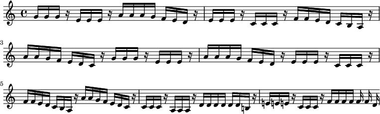 
\relative c'' { \set Staff.midiInstrument = #"piano"
\clef treble
\time 4/4
g16 g g r e e e r a a a g f e d r e e e r c c c r f f e d c b a r a' a g f e d c r g' g g r e e e r a a a g f e d r e e e r c c c r f f e d c b a r a' a g f e d c r c c c r a a a r d d d d d d b! r e! e! e! r c c c r f f f f f f d

}
