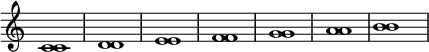 \new Staff \with { \remove "Time_signature_engraver" }{  \time 1/1 <c' c'>1 <d' d'>1 <e' e'>1 <f' f'>1 <g' g'>1 <a' a'>1 <b' b'>1}