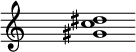 
\relative f'{
\override Staff.TimeSignature #'stencil = ##f
\cadenzaOn s1 <gis c dis> s1 \cadenzaOff
}
