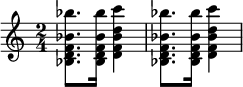 {\time 2/4 <bes d' f' bes' bes''>8. <bes d' f' bes' bes''>16 <d' f' bes' d'' c'''>4 <bes d' f' bes' bes''>8. <bes d' f' bes' bes''>16 <d' f' bes' d'' c'''>4}