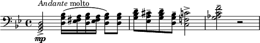 \version "2.16.2"

<<\new Voice  \relative c {\clef bass \key g \minor  \accidentalStyle "no-reset" < g bes d >2->\mp^\markup { \italic Andante molto } <d' g bes>16( <es fis a> <d  g bes><es fis a> < d g bes >8)< d g bes  ><g bes d>--<es a cis>--<g bes d>--<d g bes>--<c f c' >2-> <g' as c f>-- r2}
>>