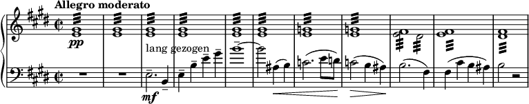 
{ \new PianoStaff << % This score generates several LilyPond warnings.
 \new Staff <<
 \new Voice { \set Score.tempoHideNote = ##t \tempo "Allegro moderato" 2 = 60
 \clef "treble" \key e \major \set Staff.midiInstrument = #"piano" \relative e \time 2/2 | % 1
 s1*8 | % 9
 \stemDown e'2 :32 dis'2 :32 s1*2 } % Warning: conflict with event: `tremolo-event'
 \new voice { \relative e % Warning: cannot create context: voice
 \clef treble | % 1
 \stemUp <e' gis'>1 \pp :32 | % 2
 <e' gis'>1 :32 | % 3
 <e' gis'>1 :32 | % 4
 <e' gis'>1 :32 | % 5
 <e' gis'>1 :32 | % 6
 <e' gis'>1 :32 | % 7
 <e' g'>1 :32 | % 8
 <e' g'>1 :32 | % 9
 fis'1^ :32 | \barNumberCheck #10 % Warning: maybe input should specify polyphonic voices; Warning: adding note head to incompatible stem; Warning: discarding event: `tremolo-event'
 <e' fis'>1^ :32 | % 11
 <dis' fis'>1 :32 } >>
\new Staff \relative e { \set Staff.midiInstrument = #"piano" \key e \major \clef bass \time 2/2
 R1*2 | % 3
 e2. \mf ^"lang gezogen" -- b4 -- | % 4
 e4 -- b'4 -- e4 -- gis4 -- | % 5
 b1 ~ -- | % 6
 b2 ais,4 \< (b4 ) | % 7
 c2. (e8 d8 ) | % 8
 c2 \! \> (b4 ais4 ) | % 9
 b2. \! (fis4 ) | \barNumberCheck #10
 fis4 (cis'4 b4 ais4 ) | % 11
 b2 r2 }
>> }
