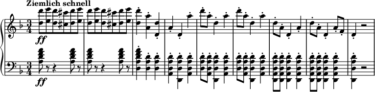 
\relative c'' {
  \new PianoStaff <<
    \new Staff {
      \set Staff.midiInstrument = #"string ensemble 1" \key d \minor \clef treble \time 3/4 \set Score.tempoHideNote = ##t \tempo "Ziemlich schnell" 4 = 220
      <d d'>8 \ff <e e'>8 <d d'>8 <cis cis'>8 <d d'>8 <e e'>8 |
      <d d'>8 <e e'>8 <d d'>8 <cis cis'>8 <d d'>8 <e e'>8 |
      <d d'>4 -. <a a'>4 -. <d, d'>4 -. |
      a'4 -. d,4 -. a''4 -. |
      d8 -. a8 -. d,4 -. a'4 -. |
      d8 -. a8 -. d,4 -. a'4 -. |
      d,8 -. a8 -. d,4 -. a'4 -. |
      d8 -. a8 -. d,4 -. a'8 -. f8 -. |
      d4 -. r2 |
    }
    \new Staff {
      \set Staff.midiInstrument = #"string ensemble 1" \key d \minor \clef bass \time 3/4
      <a d f a>8 \ff r8 r4 <a d f a>8 r8 |
      <a d f a>8 r8 r4 <a d f a>8 r8 |
      <d, a' d f a>4 -. <d a' d>4 -. <d a' d>4 -. |
      <a d a' d>4 -. <d, d' a' d>4 -. <a' d a' d>4 -. |
      <d a' d>8 -. <a d a' d>8 -. <d, d' a' d>4 -. <a' d a' d>4 -. |
      <d a' d>8 -. <a d a' d>8 -. <d, d' a' d>4 -. <a' d a' d>4 -. |
      <d, a' d a' d>8 -. <d a' d a' d>8 -. <d a' d a' d>4 -. <d a' d a' d>4 -. |
      <d a' d a' d>8 -. <d a' d a' d>8 -. <d a' d a' d>4 -. <d a' d a' d>4 -. |
      <d d' a' d>4 -. r2 |
    }
  >>
}
