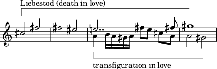 
  \new Staff \with { \remove "Time_signature_engraver" }  <<
    \key c \major
    \new Voice \relative c' {
      \override TextSpanner.style = #'line
      \override TextSpanner.bound-details.left.text = \markup { \draw-line #'(0 . -2) }
      \set Staff.midiInstrument = #"violin" 
      \stemUp
      cis'2 \startTextSpan ^\markup { Liebestod (death in love) }
      fis  | fis eis | e!2.. fis!8 | gis1  \stopTextSpan
    }
    \new Voice \relative c' {
      \stemDown
      \override TextSpanner.style = #'line
      \override TextSpanner.bound-details.left.text = \markup { \draw-line #'(0 . 2) }
      \override TextSpanner.Y-offset = #-7

      s1 s1
      a'4 \startTextSpan _\markup { \lower #7 "transfiguration in love" }
      b16 a16 gis16 a16
      \autoBeamOff [ fis'8 e8 ] \autoBeamOn cis8 a8 |
      a2 gis2  \stopTextSpan
    }
    >>
