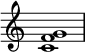 
{
\override Score.TimeSignature #'stencil = ##f
\relative c' { 
  \clef treble 
  \time 4/4
  \textLengthOn
  <c f g>1
} }
