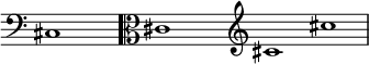  \new Staff { \override Staff.Clef.full-size-change = ##t \override Score.SpacingSpanner.spacing-increment = #3 \omit Staff.TimeSignature \omit Staff.BarLine \clef bass cis1 \clef alto cis'1 \clef treble \newSpacingSection \override Score.SpacingSpanner.spacing-increment = #1.2 cis'1  cis''1 \undo \omit Staff.BarLine } 