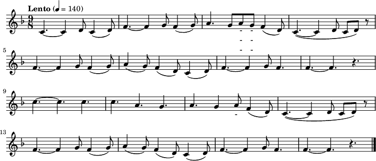 
\relative c' { \key f \major \time 9/8  \tempo "Lento" 4 = 140 \set Staff.midiInstrument = #"violin"
c4. ~ c4 d8  c4 ( d8 ) | f4. ~ f4 g8  f4 ( g8 ) | a4. g8 a g f4 ( d8 ) | c4. ~ ( c4 d8 c d ) r8 |\break
f4. ~ f4 g8  f4 ( g8 ) | a4 ( g8 ) f4 ( d8 ) c4 ( d8 ) | f4. ~ f4 g8 f4.| f4. ~ f4. r4. |\break
c'4. ~ c c | c4. a4. g4. | a4. g4 a8 f4 ( d8 ) | c4. ~ ( c4  d8 c d ) r8 |\break
f4. ~ f4 g8  f4 ( g8 ) | a4 ( g8 ) f4 ( d8 ) c4 ( d8 ) | f4. ~ f4 g8 f4.| f4. ~ f4. r4. \bar "|."}
\addlyrics {
아 리 랑 아 리 랑 아 라 - - 리 요
아 리 랑 고 개 로 넘 어 간 다
나 를 버 리 고 가 시 는 임 은
십 리 도 못 가 서 발 병 난 다}
\addlyrics {
아 리 랑 아 리 랑 아 라 - - 리 요
아 리 랑 고 개 로 넘 어 간 다
청 천 하 늘 엔 별 도 - 많 고
우 리 네 가 슴 엔 꿈 도 많 다}
\addlyrics {
아 리 랑 아 리 랑 아 라 - - 리 요
아 리 랑 고 개 로 넘 어 간 다
저 기 저 산 이 백 두 산 이라 지
동 지 섣 달 에 도 꽃 만 핀 다}
