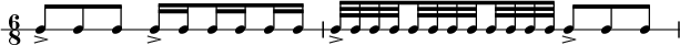 
 \new RhythmicStaff {
   \clef percussion
   \time 6/8
   \set Score.tempoHideNote = ##t \tempo 4 = 80
   c8-> c c
   c16-> \set stemRightBeamCount = #1 c \set stemLeftBeamCount = #1 c \set stemRightBeamCount = #1 c \set stemLeftBeamCount = #1 c c
   c32-> c c \set stemRightBeamCount = #1 c \set stemLeftBeamCount = #1 c c c \set stemRightBeamCount = #1 c \set stemLeftBeamCount = #1 c c c c
   c8-> c c
}
