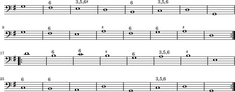 
\relative
{
  \key g \major
  \clef bass
  \omit Staff.TimeSignature
  \repeat volta 2 {
    g1 fis^"6" e^"3,5,6♯" d b^"6" c^"3,5,6" d g, \break
    g' fis^"6" e a^"♯" fis^"6" g^"6" a^"♯" d,
  } \break
  \repeat volta 2 {
    d' b^"6" c^"6" b^"♯" g^"6" a^"3,5,6" b^"♯" e, \break
    c^"6" b^"6" a d g, c^"3,5,6" d g,
  }
}
