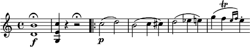  \relative b' {
\key c \major \time 4/4
<b d,>1 \f \fermata | <c e, g,>4 r r2 \fermata \bar ".|:"
c2( \p d) | b2( c4 cis) | d2( es4 e)
g4( f \trill \grace { e16 f) } e4-.
} 