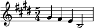  \relative c'' {\time 5/4 \key e \major gis4 fis e b2|}