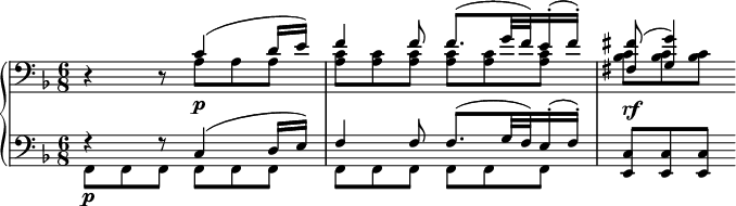 
 \relative c' {
  \new PianoStaff <<
   \new Staff { \key d \minor \time 6/8 \clef bass
    <<
     { d,4\rest d8\rest c'4( d16 e) f4 f8 f8.( g32 f) e16-.( f-.) <fis fis,>8( <g g,>4) }
    \\
     { s4 s8 a,8 a a <c a> <c a> <c a> <c a> <c a> <c a> <c bes> <c bes> <c bes> }
    >>
   }
   \new Dynamics {
    s4 s8 s4._\markup \dynamic p s2. s4._\markup \dynamic rf
   }
   \new Staff { \key d \minor \time 6/8 \clef bass
    <<
     { f,4\rest f8\rest c4( d16 e) f4 f8 f8.( g32 f) e16-.( f-.) <c e,>8 <c e,> <c e,> }
    \\
     { f,8\p f f f f f | f f f f f f }
    >>
   }
  >>
 }
