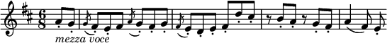  \relative a' {
\key d \major \time 6/8
\partial 4 a8-. _\markup { \italic "mezza voce" } g-.
\acciaccatura  g8 fis-. e-. fis \acciaccatura a g-. fis-. g-.
\acciaccatura fis8 e-. d-. e-. fis-. d'-. cis-.
r8 b-. a-. r g-. fis-.
a4( fis8) e-.
} 