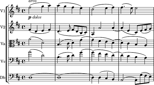 
<<
\new StaffGroup <<
  \new Staff {
  \set Staff.instrumentName = #"V1"
  \set Staff.midiInstrument = #"violin"
    \relative c'' {
      \time 4/4
      \key d \major
      \clef treble

      fis2(_\markup { \dynamic p \italic dolce }^\markup { \italic arco } g4 a) | a4( g fis e) | d2( e4 fis) | fis4.( e8) e2 |
    }
  }
  \new Staff {
  \set Staff.instrumentName = #"V2"
  \set Staff.midiInstrument = #"violin"
    \relative c' {
      \time 4/4
      \key d \major
      \clef treble

      fis4( d e fis) | d4.( e8 fis d b cis) | a4 a'2 a4( | a)( e cis8) e( fis g) |
    }
  }
  \new Staff {
  \set Staff.instrumentName = #"Va"  
  \set Staff.midiInstrument = #"viola"
    \relative c'' {
      \time 4/4
      \key d \major
      \clef alto

      a2( d,) | b4.( cis8 d4) g( | g)( fis e d)( | d)( cis b a) |
    }
  }
  \new Staff {
  \set Staff.instrumentName = #"Vc"
  \set Staff.midiInstrument = #"cello"
    \relative c'' {
      \time 4/4
      \key d \major
      \clef bass

      a2( d,) | b4.( cis8 d4) g( | g)( fis e d)( | d)( cis b a) |
    }
  }
  \new Staff {
  \set Staff.instrumentName = #"Db"
  \set Staff.midiInstrument = #"contrabass"
    \relative c {
      \time 4/4
      \key d \major
      \clef bass

      d1( | d)( | d4) d( cis b) | a2( a8) g'( fis e) |
    }
  }
>>
>>
