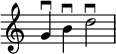  {
\override Score.TimeSignature
#'stencil = ##f
    \relative c'' {
        \time 4/4
        g4 \downbow b \downbow d2 \downbow
    }  }
