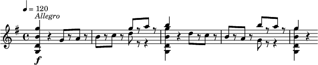 
\relative c''' {
  \version "2.18.2"
  \key g \major
  \tempo 4 = 120
  <g b, d, g,>4\f^\markup { \italic  Allegro } r g,8[ r a] r |
  b8[ r c] r 
     << { g'8[ r a] r | b4 } \\ { d,8 r r4 | <g b, d, g,>4 } >>
  r4 d8[ r c] r |
  b8[ r a] r 
     << { b'8[ r a] r | g4 } \\ { g,8 r r4 | <g' b, d, g,>4 } >>
  r4
}
