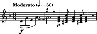  \relative c'' { \clef treble \key d \minor \time 6/8 \tempo "Moderato" 4. = 60 << { s2. | r4 r8 <a f d>4\p <c g e cis>8 } \\ { d,8\f( g e a4.)~ | a2. } >> <a f d>4 <c g e cis>8 <a f d>4 r8 } 