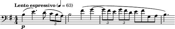  \relative c' { \clef bass \key e \minor \numericTimeSignature \time 4/4 \tempo "Lento espressivo" 4 = 63 b\p( e4.) d8( \times 2/3 { c b a) } | b2 fis'4( g~ | \times 2/3 { g8 fis e } \times 2/3 { g fis d } e fis g, a | b4.) } 