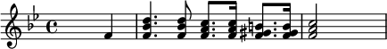 {\key bes \major \skip2. f'4 <f' bes' d''>4. <f' bes' d''>8 <f' a' c''>8. <f' a' c''>16 <f' gis' b'>8. <f' gis' b'>16 <f' a' c''>2 \skip2}