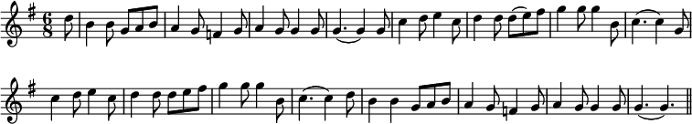  % add audio player
\language "english" % notation of accidentals
 \relative c' % relative pitch coding
{ 
  \set Staff.midiInstrument=#"violin"
   \key g \major
    \time 6/8
     %\tempo not indicated
      \cadenzaOn % enter barlines manually: auto sets wrong ones
       \partial 8 d'8 \bar "|"        % 1
        b4 b8 g8[ a8 b8] \bar "|"     % 2
        a4 g8 f!4 g8 \bar "|"         % 3
        a4 g8 g4 g8 \bar "|"          % 4
        (g4. g4) g8 \bar "|"          % 5
        c4 d8 e4 c8 \bar "|"          % 6
        d4 d8 d8([ e8) fs8] \bar "|"  % 7
        g4 g8 g4 b,8 \bar "|"         % 8
        (c4. c4) g8 \bar "|"          % 9
        c4 d8 e4 c8 \bar "|"          % 10
        d4 d8 d8[ e8 fs8] \bar "|"    % 11
        g4 g8 g4 b,8 \bar "|"         % 12
        (c4. c4) d8 \bar "|"          % 13
        b4 b4 g8[ a8 b8] \bar "|"     % 14
        a4 g8 f!4 g8 \bar "|"         % 15
        a4 g8 g4 g8 \bar "|"          % 16
        (g4. g4.) \bar "||"           % 17 g4. twice so less abrupt cut-off
}
