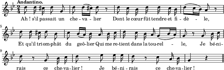 
\relative c'' {
  \time 2/4
  \key bes \major
  \tempo "Andantino."
  \autoBeamOff
  \set Score.tempoHideNote = ##t
    \tempo 4 = 90
  \set Staff.midiInstrument = #"piccolo"
d8 d16 cis d8 g, | d' d16[ (cis)] d8 r
d c16 bes d d c bes | d8[ (c16 bes)] a8 r
d d16 cis d8 bes | c bes16[ (a)] bes a bes c
d c bes a g8[ (bes16 a)] g8 r g bes16 c
d8 r g, bes16 c | d8 r ees ees16 ees | d8 r c a16 bes | g4 r \bar "||"
}

\addlyrics {
"Ah !" s’il pas -- sait un che -- va -- lier
Dont le cœur fût tendre et fi -- dè -- le,
Et qu’il tri -- om -- phât du geô -- lier
Qui me re -- tient dans la tou -- rel -- le,
Je bé -- ni -- rais ce che -- va -- "lier !"
Je bé -- ni -- rais ce che -- va -- "lier !"
}
